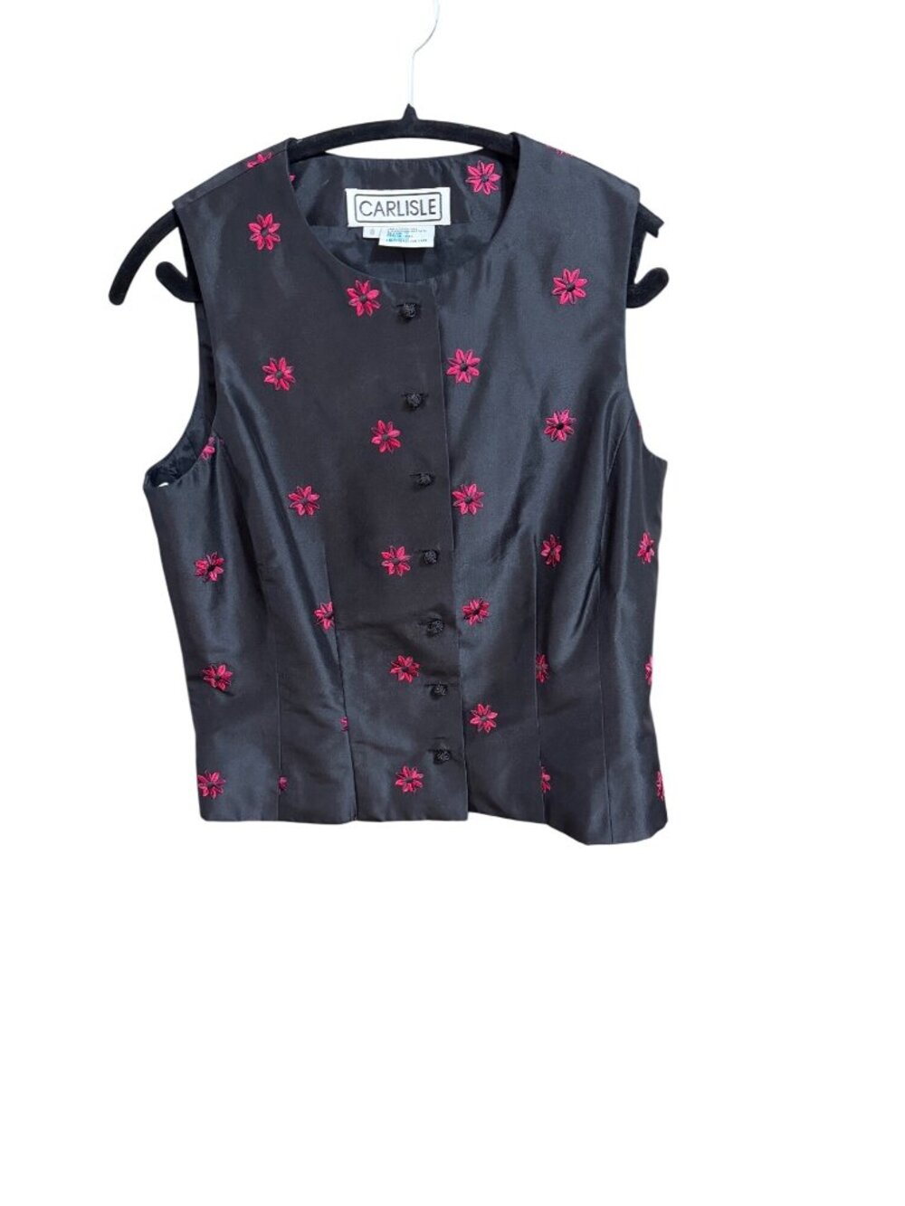Sony Studios Costume Dept Carlisle Black Silk Floral Embroidered Button-Front Sl